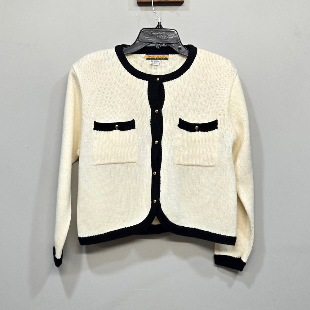 Bryn Connelly Lady Jacket Cardigan Sweater Small Petite Vintage 90s Cream Gold
